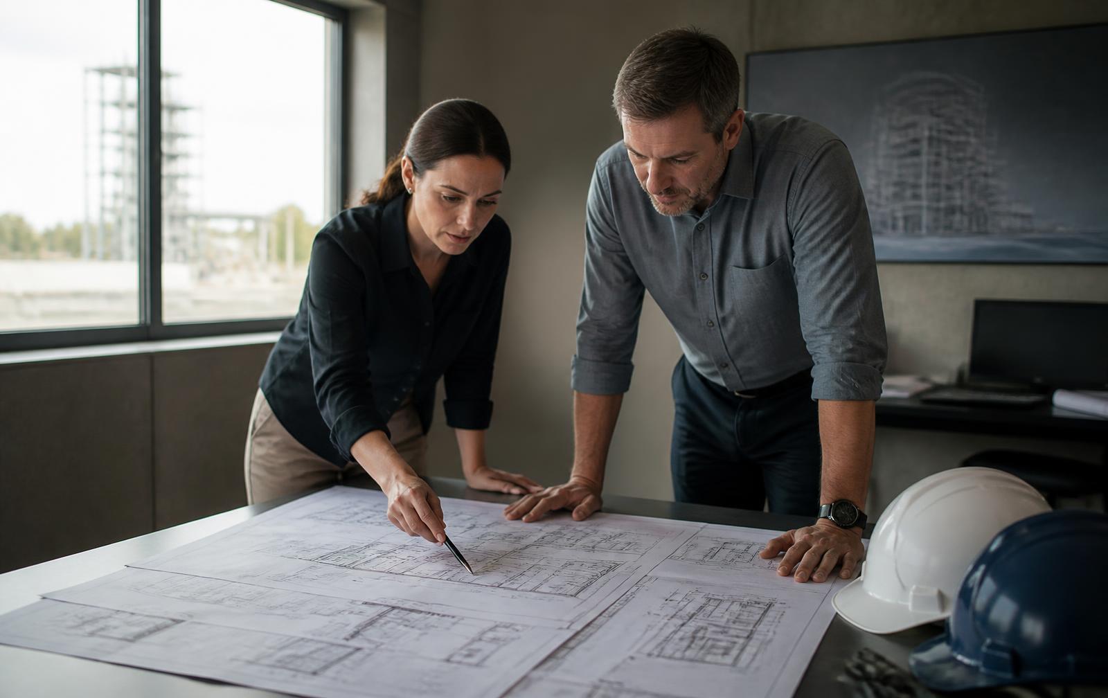 Kingdom Security staff reviewing facility security drawings on site
