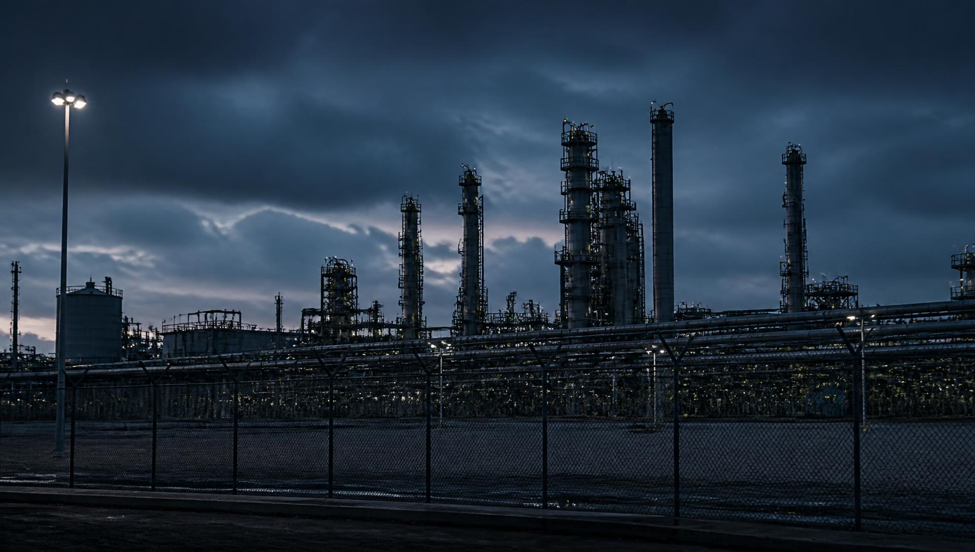 Petrochemical facility on the Texas Gulf Coast behind a secured perimeter at dusk